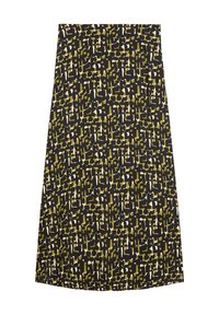 Zwart, wit en olijfgroen abstract patroon A-lijn midi rok met een hoge taille en rechte zoom.