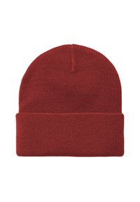 Berretto lavorato a maglia di un solido rosso scuro con risvolto, mostrato frontalmente su uno sfondo bianco.