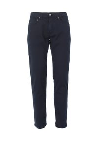 Jeans in denim blu navy con taglio dritto. Le caratteristiche includono una chiusura frontale con bottone, cinque tasche e dettagli di cucitura discreti.