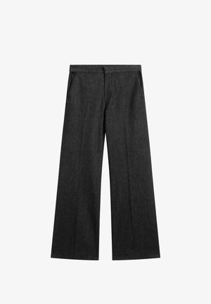Black wide-leg trousers with front pockets and a smooth waistband, featuring a crease down the center of each leg.