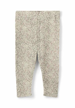 Beige Kinderleggings mit einem durchgehenden kleinen Blumenmuster in gedämpften Rosa- und Grüntönen, flach auf einem weißen Hintergrund ausgelegt.
