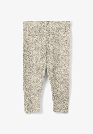 Beige Kinderleggings mit einem durchgehenden kleinen Blumenmuster in gedämpften Rosa- und Grüntönen, flach auf einem weißen Hintergrund ausgelegt.