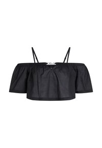 Top corto nero senza spalle con maniche a palloncino corte, scollatura elastica e sottili spalline regolabili. Tessuto morbido e leggero.