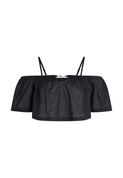 Crop top noir épaules dénudées avec fines bretelles réglables et encolure élastiquée, fabriqué en tissu léger.