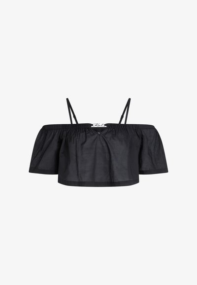 Crop top noir épaules dénudées avec fines bretelles réglables et encolure élastiquée, fabriqué en tissu léger.