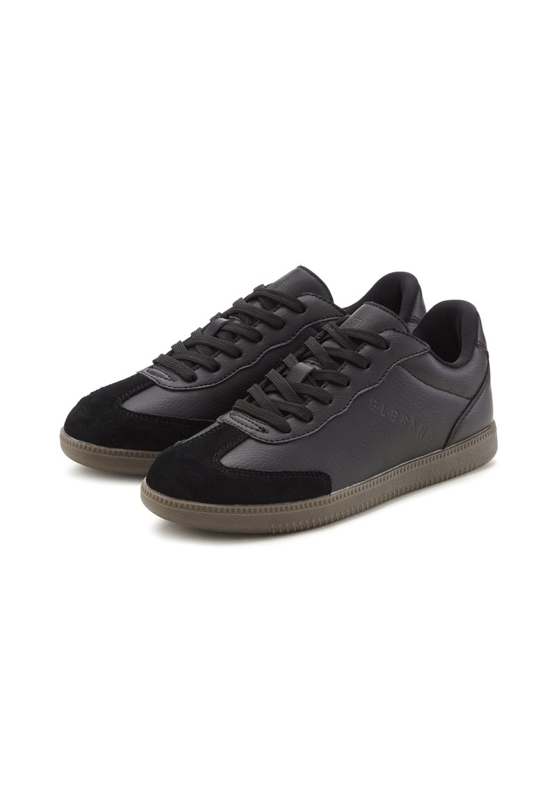 Black sneakers featuring a combination of smooth leather and suede, textured detailing, lace-up design, and a contrasting dark rubber sole.