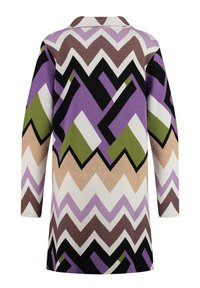Långärmad stickad tröja med chevronmönster i lila, grönt, brunt och vitt, med krage och midjelängd.