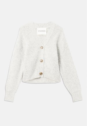 Hellgraue Strickjacke mit V-Ausschnitt, langen Ärmeln und vier Holzknöpfen auf der Vorderseite. Verfügt über ein geripptes Muster und eine verkürzte Passform.