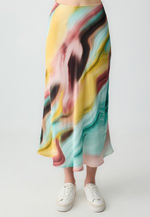 Maxi-Rock aus Satin mit fließenden, abstrakten Mustern in Gelb, Aqua, Pink und Schwarz. Leichtgewichtig mit glatter Textur, fällt weich.