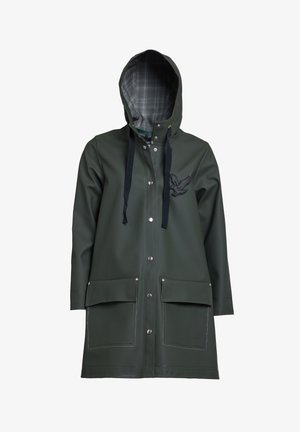 Green waterproof raincoat with a hood, featuring a plaid lining, snap closures, two large front pockets, and a bird logo on the chest.