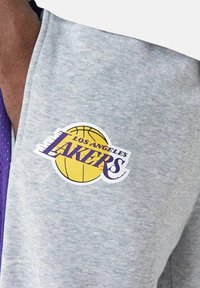 Felpa grigia con logo "Los Angeles Lakers" in viola e giallo, accompagnato da un grafico di un pallone da basket. Il design presenta una finitura testurizzata.