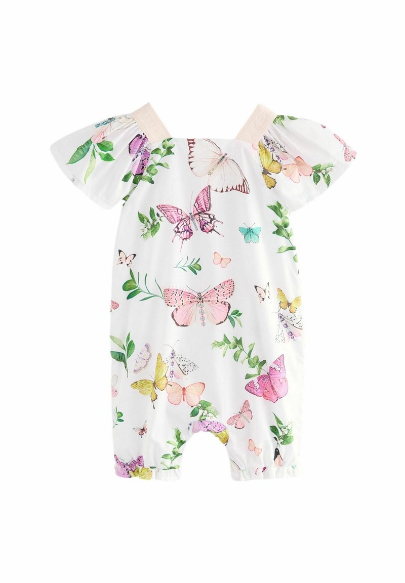 Valkoinen haalari, jossa on kaikkialla perhosprintti vaaleanpunaisena, keltaisena ja vihreänä. Puffihihat, joissa on elastiset hihansuut ja pehmeä kangas.