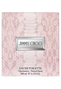 En rosa slangeskinnmønstret boks med et sølv rektangulært logo. Tekst nederst identifiserer dufttype og volum (100 ml).