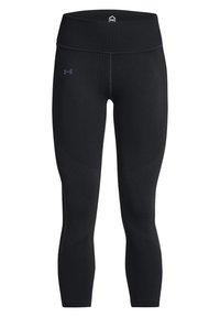 Leggings atletici neri con un alto elastico in vita, caratterizzati da una texture rigata sui lati e un discreto logo sul davanti.