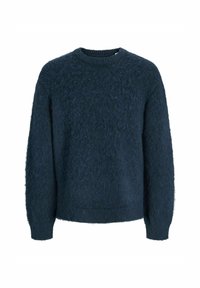 Marineblaues Sweater aus flauschigem, strukturiertem Material. Hat einen Rundhalsausschnitt, lange Ärmel und eine lockere Passform. Einfaches Design, keine Verzierungen.