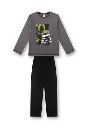 Long-sleeve gray shirt with graphic print and black elastic-waist pants laid flat, forming a two-piece casual outfit.