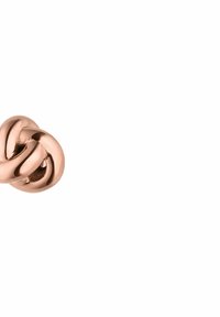 Roze gouden knoopvormige oorbel, met soepele lijnen en een reflecterende afwerking, en een verweven ontwerp voor visuele interesse.