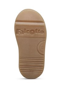 Suola di scarpa in gomma marrone con scanalature orizzontali e verticali, caratterizzata da "Falcotto" in rilievo e un particolare circolare contrassegnato con "20".