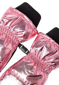 Mittoni metallici rosa con design a elastico arricciato, dotati di un rivestimento in pile nero e una fibbia a scatto per una chiusura sicura.