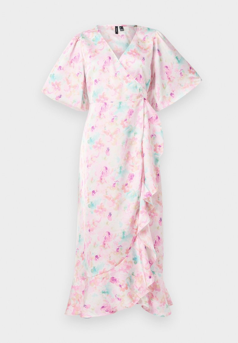 Blumiges Wickelkleid mit pinkem Hintergrund und Pastellfarben, kurzen Puffärmeln und einem volanartigen Saum. Glatte Stoffoberfläche.