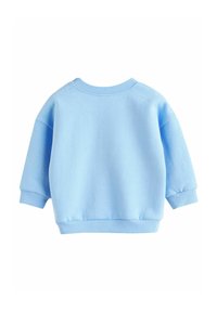 Svijetloplavi sweatshirt s okruglim izrezom i dugim rukavima. Glatka tkanina, rebrasti manžeti i rub, te opušteni kroj. Nema vidljivih grafika ili naglaska.