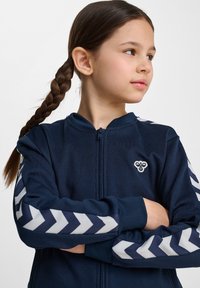 Giacca zip-up blu navy con maniche lunghe, caratterizzata da motivi a chevron bianchi lungo le maniche e un piccolo logo ricamato sul petto.