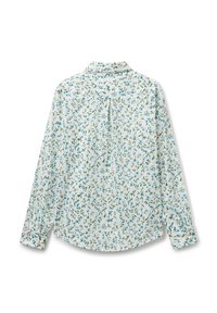 Camicia a maniche lunghe in tessuto leggero con una stampa floreale blu e verde su fondo bianco, colletto a punta e schiena plissettata.