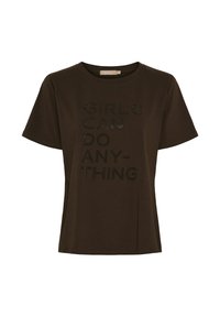 Mørkebrun bomulds t-shirt med korte ærmer. Har glitrende sort tekst i midten, der lyder "GIRLS CAN DO ANY-THING".