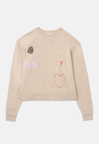 Maglione cropped beige con dettagli ricamati. Presenta vari patch colorati, tra cui testi e un design a forma di cuore. Polsini e orlo a coste.