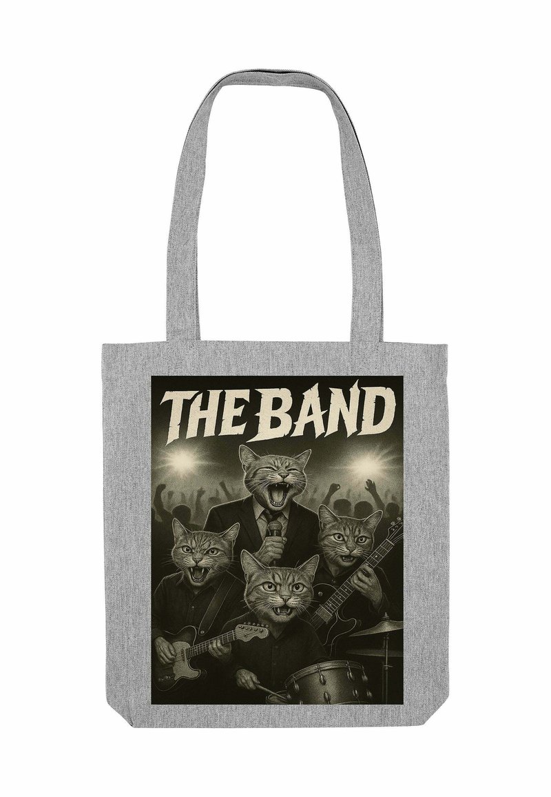 Grijze tote bag met een afbeelding van katten die op het podium instrumenten spelen, met de tekst "DE BAND" erboven. Glad materiaal, stevige handvatten.