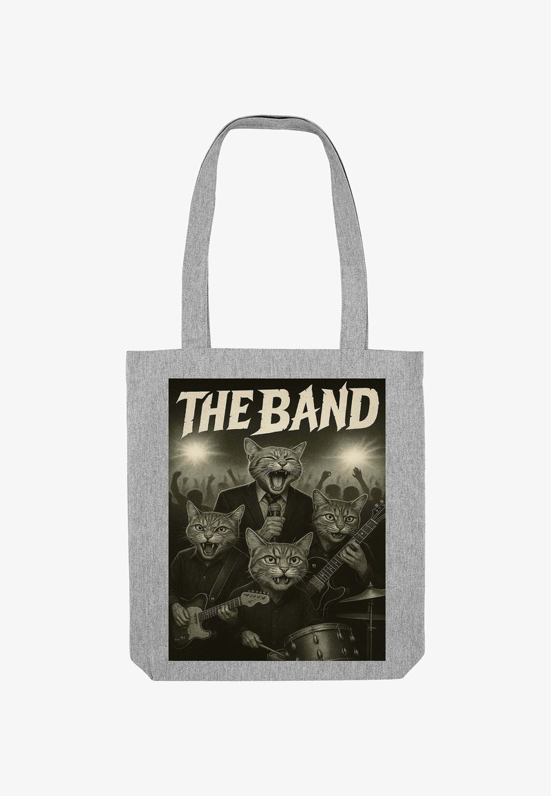 Grijze tote bag met een afbeelding van katten die op het podium instrumenten spelen, met de tekst "DE BAND" erboven. Glad materiaal, stevige handvatten.
