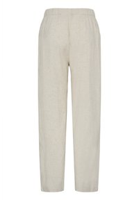 Pantalon en lin beige clair avec taille élastique, coupe droite et sans poches ni décorations visibles.