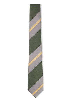 Grün-grau gestreifte Krawatte mit dünnen diagonalen gelben Linien, die sich zwischen den Streifen abwechseln.