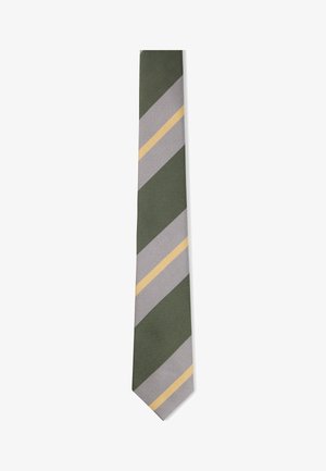 Cravate rayée verte et grise avec de fines lignes diagonales jaunes alternant entre les rayures.