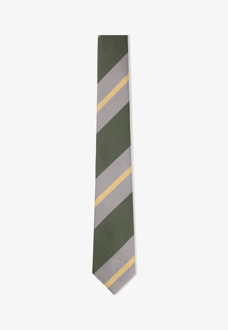 Grün-grau gestreifte Krawatte mit dünnen diagonalen gelben Linien, die sich zwischen den Streifen abwechseln.