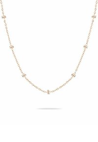 Roze gouden ketting met cilindrische accenten, gekenmerkt door een delicate schakelontwerp en een gepolijste textuur. Lengte verstelbaar voor de gewenste pasvorm.