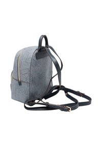 Zaino grigio con superficie decorata, due tasche frontali, cinghie blu scuro e cerniere dorate. Forma arrotondata, texture morbida, cinghie regolabili.