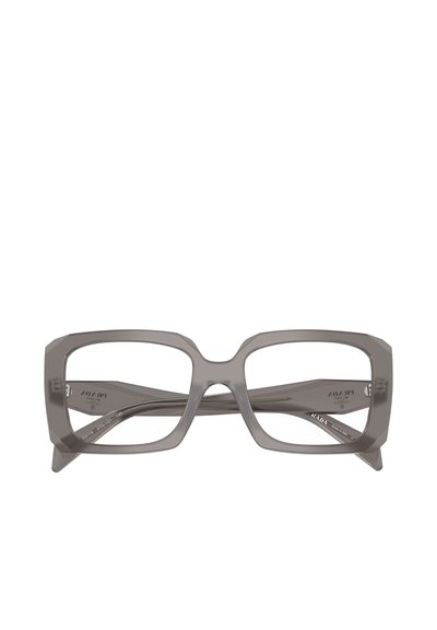 Occhiali con montatura quadrata in plastica grigio opaco con aste spesse, caratterizzati da un design angolare unico e lenti trasparenti.