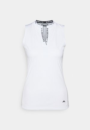 Fehér ujjatlan felső, magas nyakkal, fekete logós szalaggal a nyak körül és kis logóval az alján. Simaság jellemzi az anyagát.