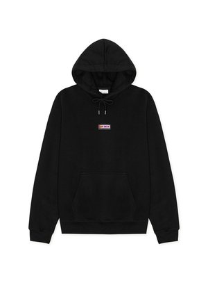 Zwarte hoodie van zachte stof, met een voorzak, verstelbare capuchon met trekkoord en een klein meerkleurig logo op de borst.