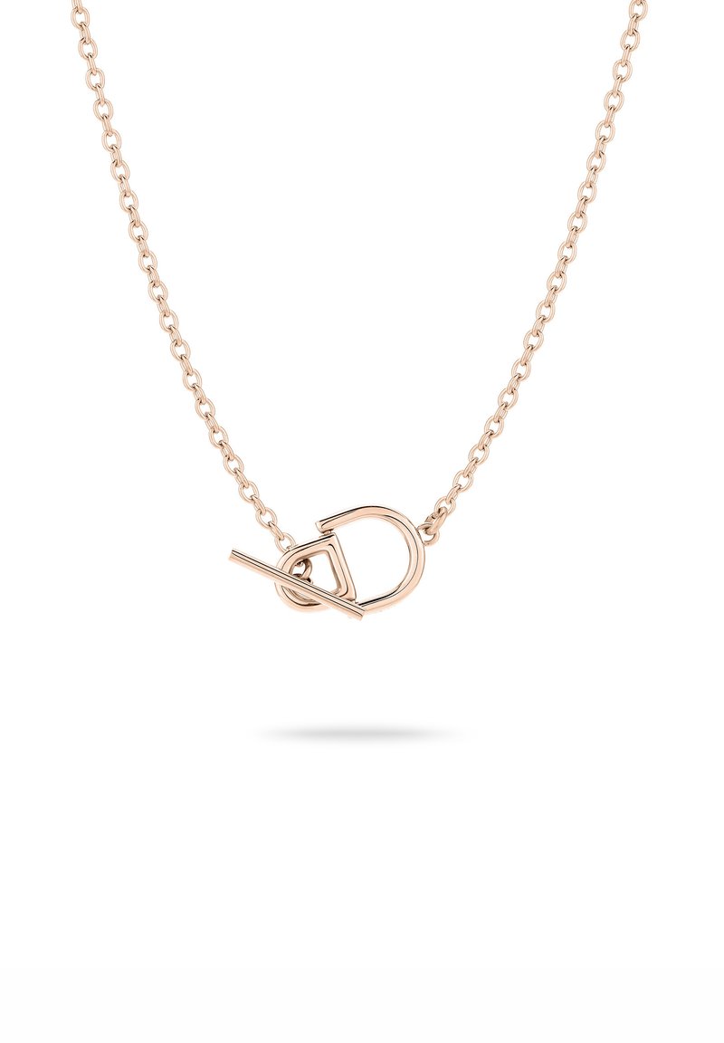 Rosegold-Kette mit einem Ketten-Design, versehen mit einem einzigartigen Toggle-Verschluss in runder und länglicher Form. Glatte Textur und glänzende Oberfläche.