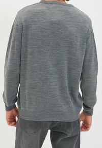 Pullover grigio in maglia con polsini e orlo a coste, caratterizzato da una superficie liscia e un design classico a girocollo. La vista posteriore non mostra dettagli aggiuntivi.
