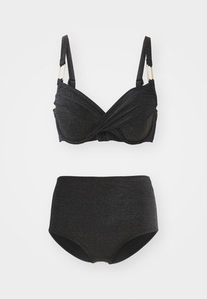 Mustavöinen bikinit setti, jossa on teksturoitu ja kimaltava pinta. Yläosa esittelee kierretyn muotoilun säädettävillä olkaimilla, kun taas korkea vyötäröosa takaa täydellisen peittävyyden.