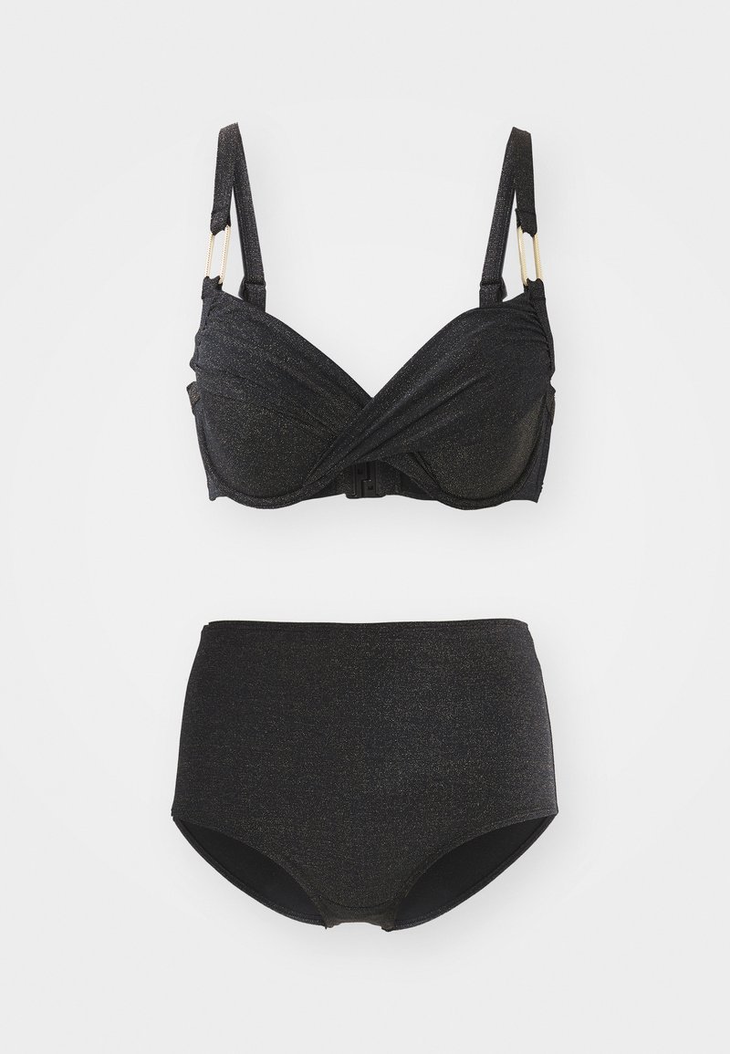 Čierny bikini set s textúrovaným, lesklým povrchom. Vrchná časť má skrútený dizajn s nastaviteľnými popruhmi, zatiaľ čo spodná časť s vysokým pásom zabezpečuje úplné zakrytie.