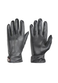 Svarta läderhandskar med en slät yta, prydda med tre sydda detaljer på ovansidan och en sidoknäppning för justering av passformen.