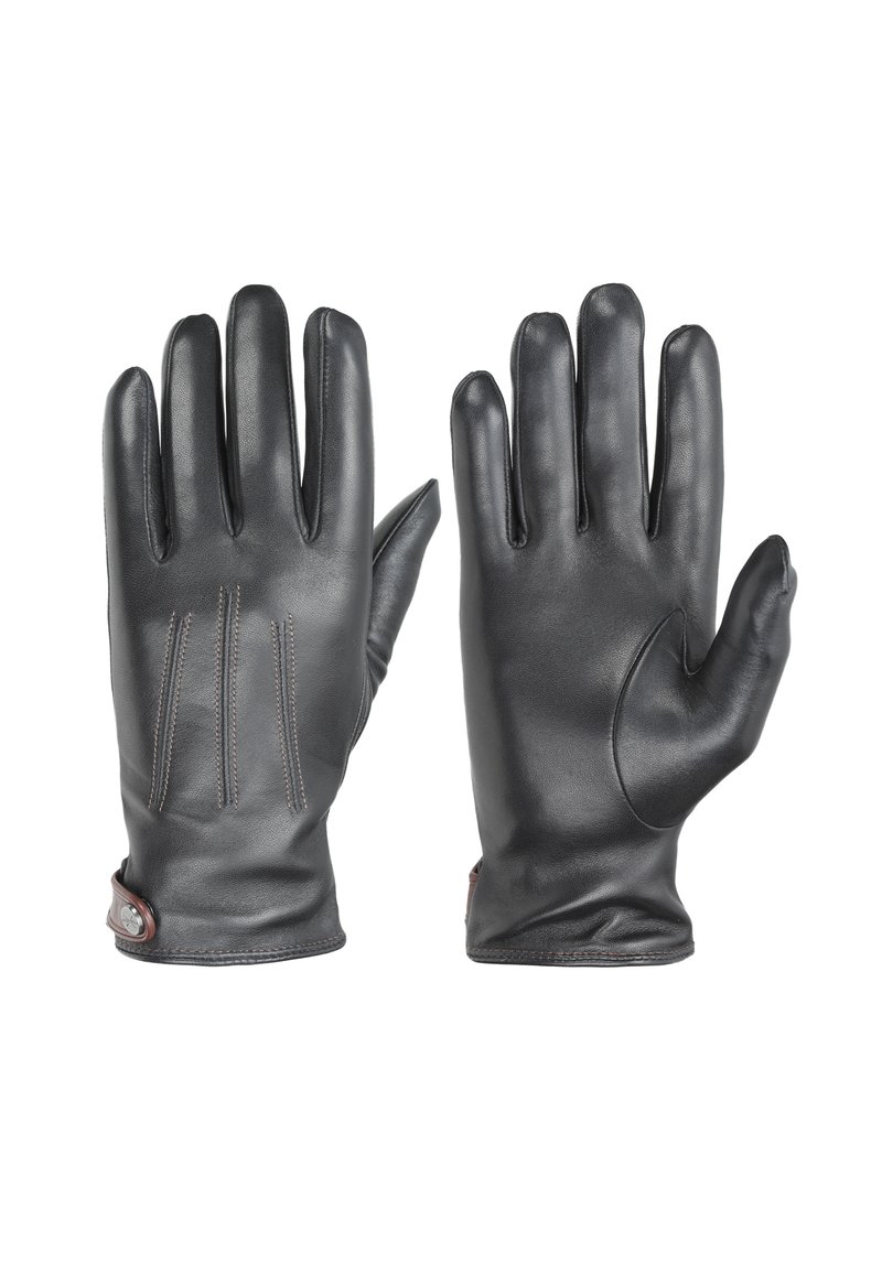 Svarta läderhandskar med en slät yta, prydda med tre sydda detaljer på ovansidan och en sidoknäppning för justering av passformen.