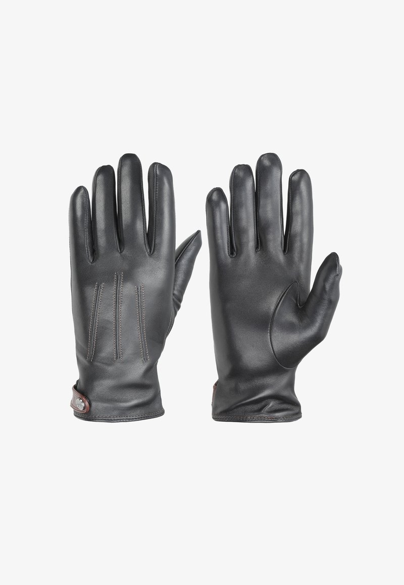 Svarta läderhandskar med en slät yta, prydda med tre sydda detaljer på ovansidan och en sidoknäppning för justering av passformen.
