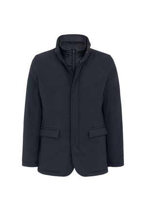Cappotto blu navy con colletto alto, doppio zip, due tasche anteriori a soffietto e una finitura liscia e texturizzata. Design moderno con vestibilità su misura.