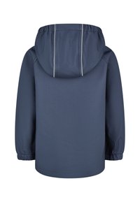Navy blue, waterproof jacket with a hood. Features elastic cuffs, a smooth texture, and reflective gray stitching along the back.