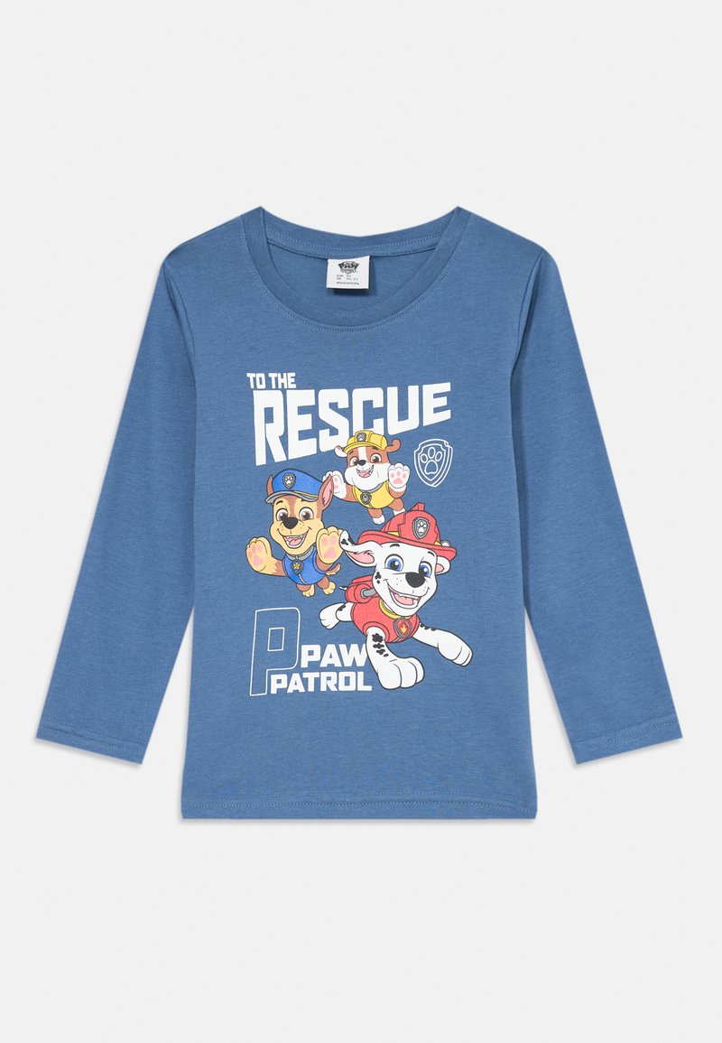 Langärmliges blaues Kindershirt mit einer Grafik von drei Cartoon-Hunden und dem Text "ZUR RETTUNG" sowie "PAW PATROL" in Weiß.